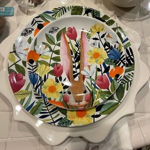 Set of 2 Mod bunny Rabbit Dinner & Dessert Floral Garden Easter Plate